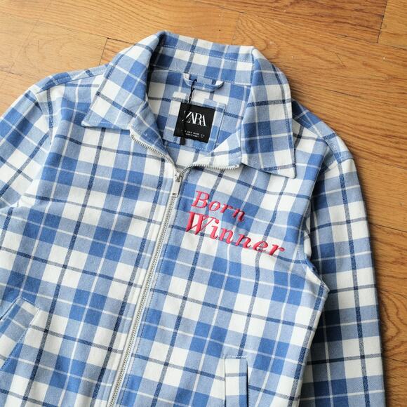 Zara Born Winner Plaid Bomber Jacket in Blue White Plaid Men Size S Retro Casual - Picture 2 of 5